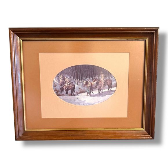 Wall Art Winter Horses Art Print with Brown Wood Frame Vintage - Picture 1 of 15